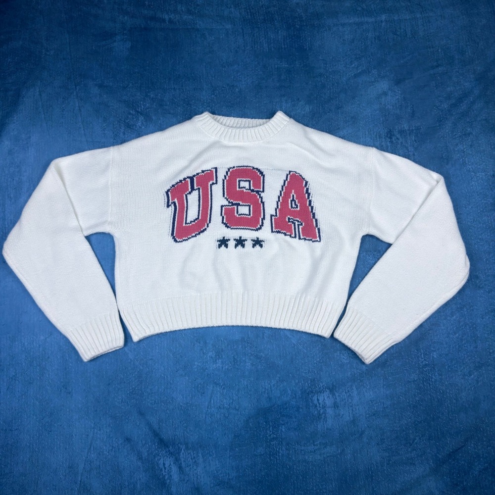 Grayson Threads Womens USA Graphic Cropped Knit Sweater White XXS Patriotic Star